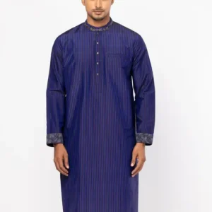Blue Striped and Embroidered Joysree Silk Panjabi