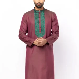 Plum Embroidered Viscose-Cotton Panjabi