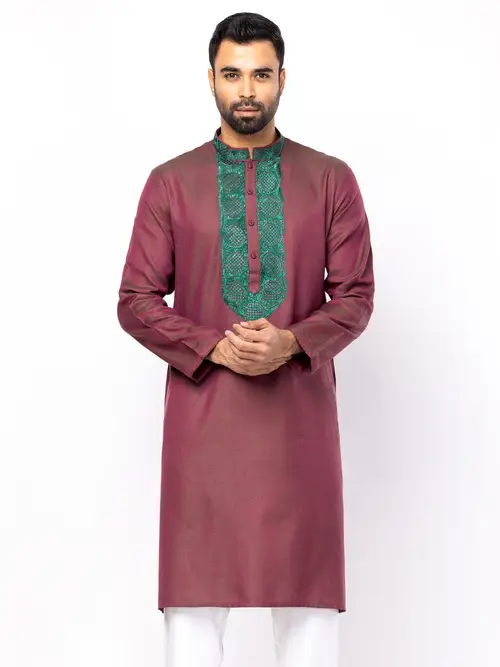 Plum Embroidered Viscose-Cotton Panjabi