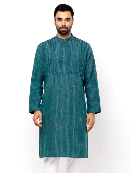 Teal Printed and Embroidered Viscose-Cotton Panjabi