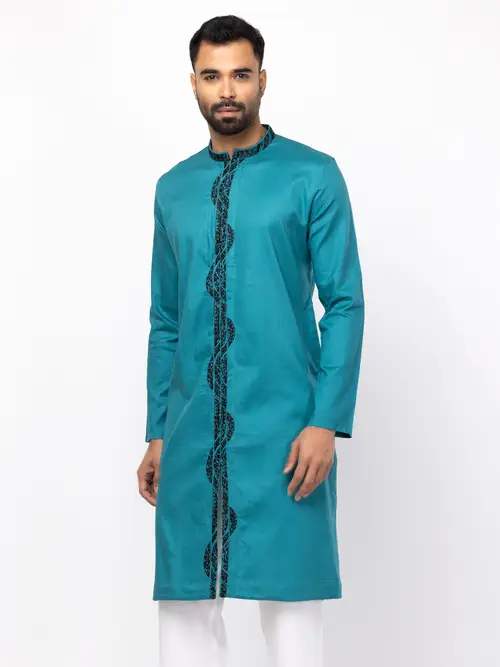 Turquoise Embroidered Cotton Panjabi