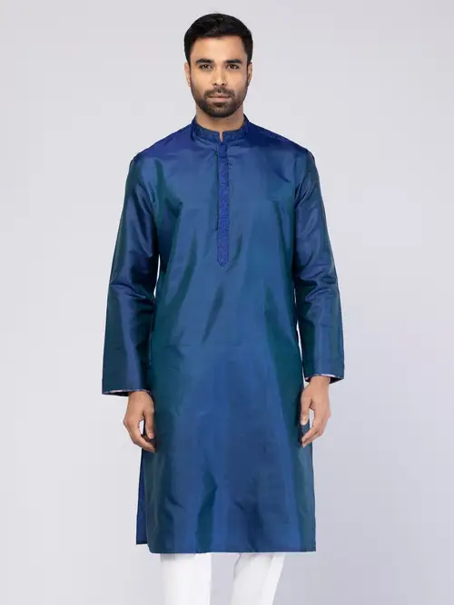 Blue Embroidered Silk Panjabi