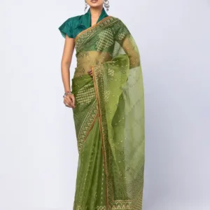 Fern Green Printed and Embroidered Muslin Saree
