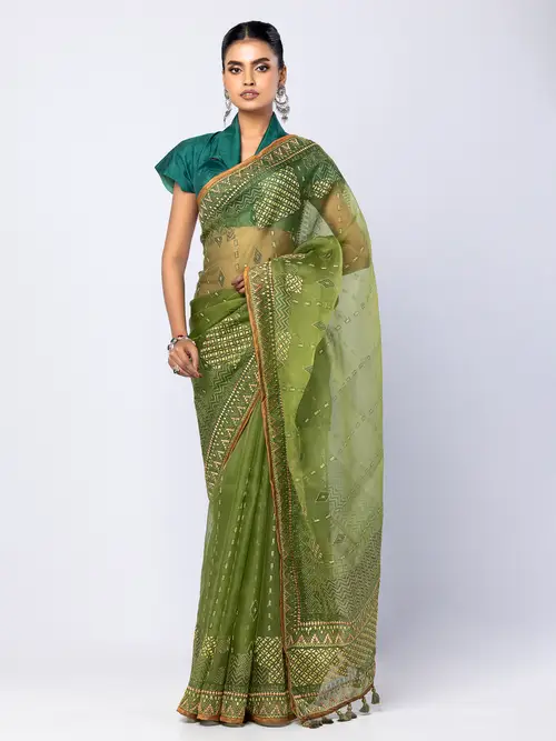Fern Green Printed and Embroidered Muslin Saree