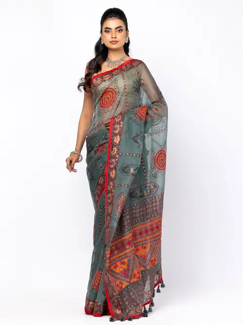 Teal Appliqued and Embroidered Muslin Saree