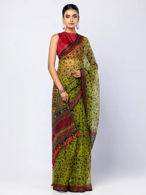 Olive Printed and Embroidered Muslin Saree
