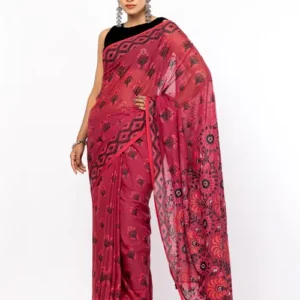 Crimson Red Printed and Embroidered Cotton Saree