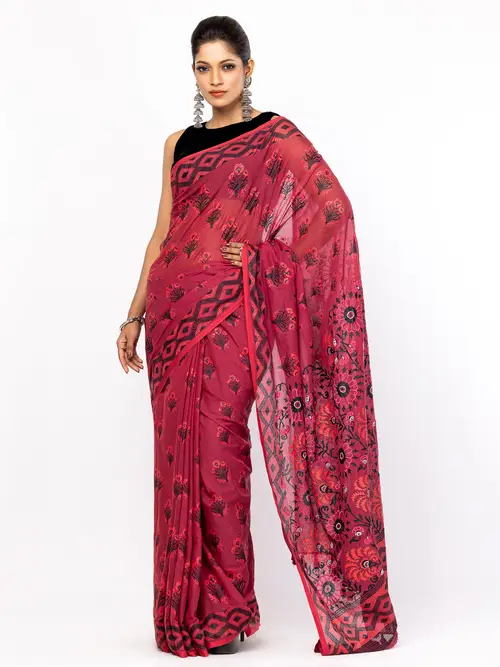 Crimson Red Printed and Embroidered Cotton Saree