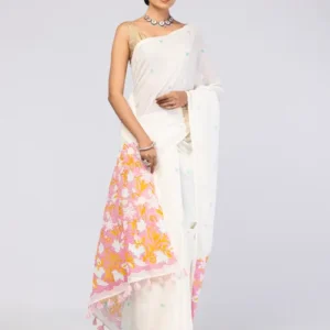 Ivory Appliqued and Embroidered Cotton Saree