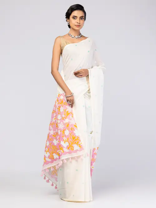 Ivory Appliqued and Embroidered Cotton Saree