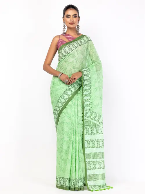 Green Printed Cotton Saree