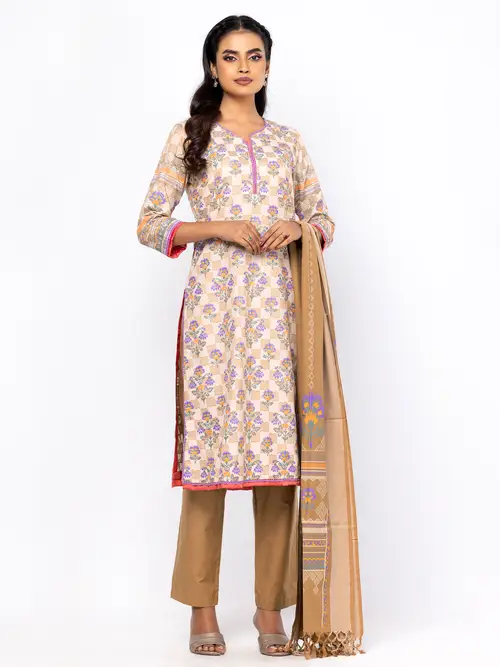 Beige Printed Mughal Tropical Theme Shalwar Kameez