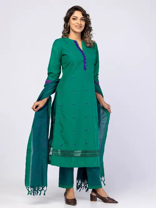 Deep Green Embroidered Kantha Odyssey Theme Shalwar Kameez